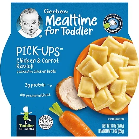 slide 1 of 6, Gerber Pasta Pick-Ups, Chicken and Carrot Ravioli Packed in Chicken Broth Tray, 1 ct