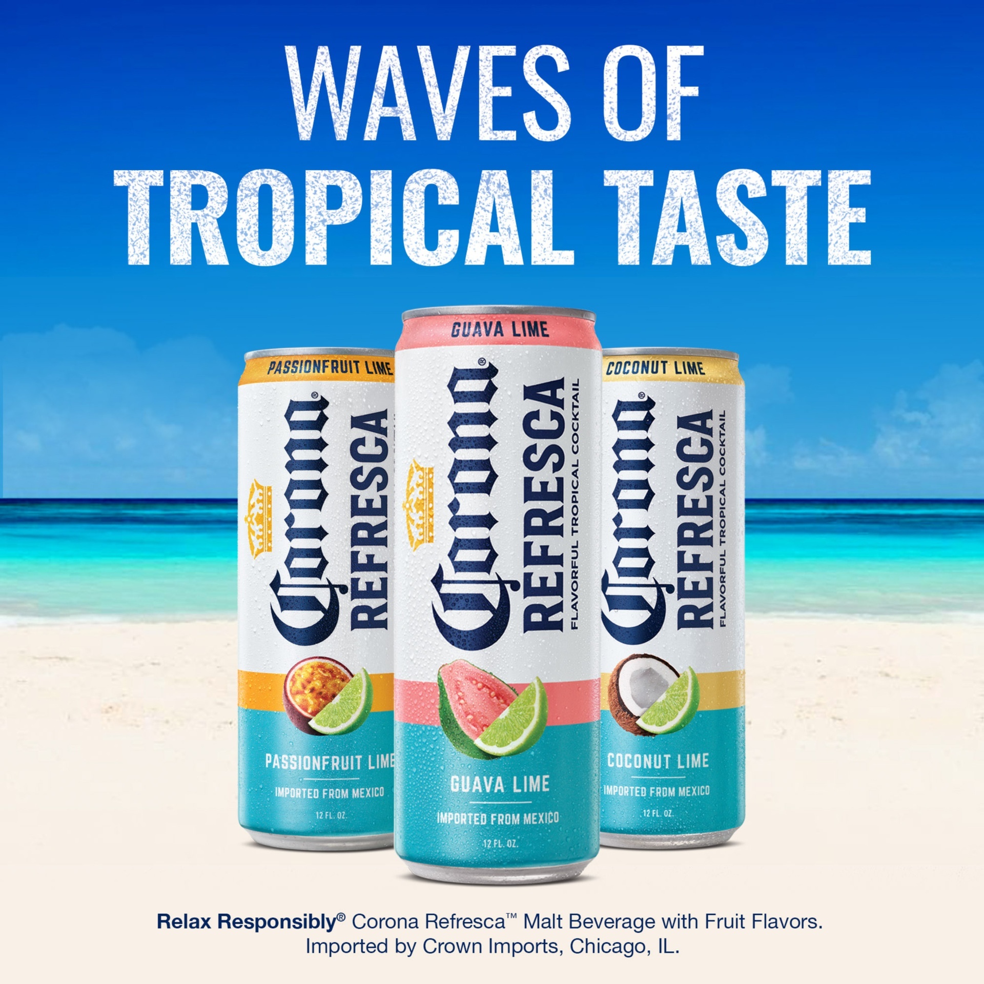 slide 2 of 6, Corona Refresca Variety Pack with Guava Lime, Passionfruit Lime, and Coconut Lime Spiked Tropical Cocktail, 12 ct; 12 oz
