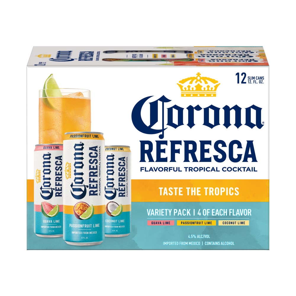 slide 1 of 6, Corona Refresca Variety Pack with Guava Lime, Passionfruit Lime, and Coconut Lime Spiked Tropical Cocktail, 12 ct; 12 oz