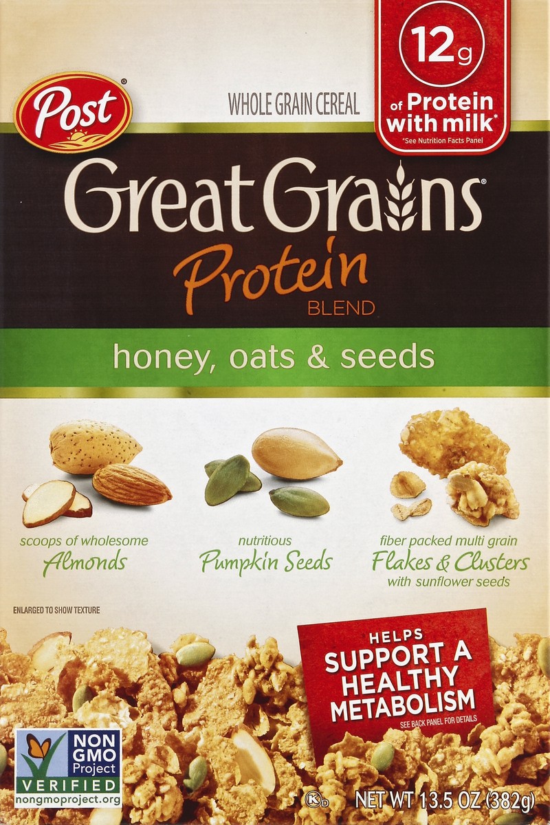 slide 4 of 4, Great Grains Post Great Grains Honey Oats & Seed Protein Blends Cereal, 13.5 oz