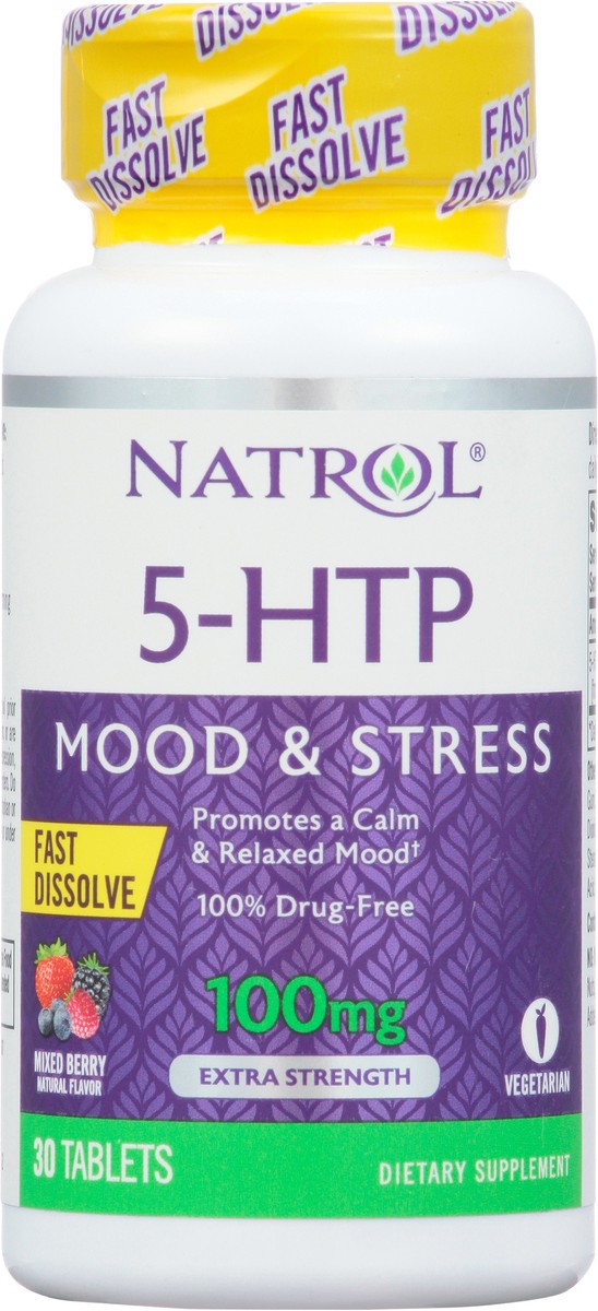 slide 4 of 14, Natrol 5-HTP 100mg, Drug-Free Dietary Supplement Helps Support Balanced Mood, 30 Mixed Berry-Flavored Fast Dissolve Tablets, 15-30 Day Supply, 30 ct