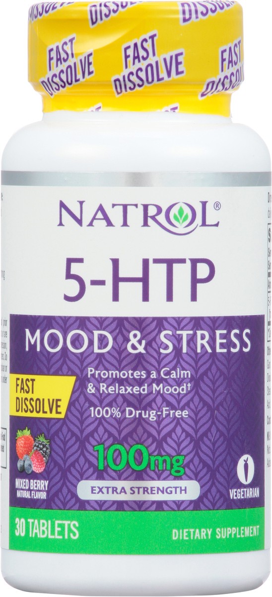slide 6 of 14, Natrol 5-HTP 100mg, Drug-Free Dietary Supplement Helps Support Balanced Mood, 30 Mixed Berry-Flavored Fast Dissolve Tablets, 15-30 Day Supply, 30 ct