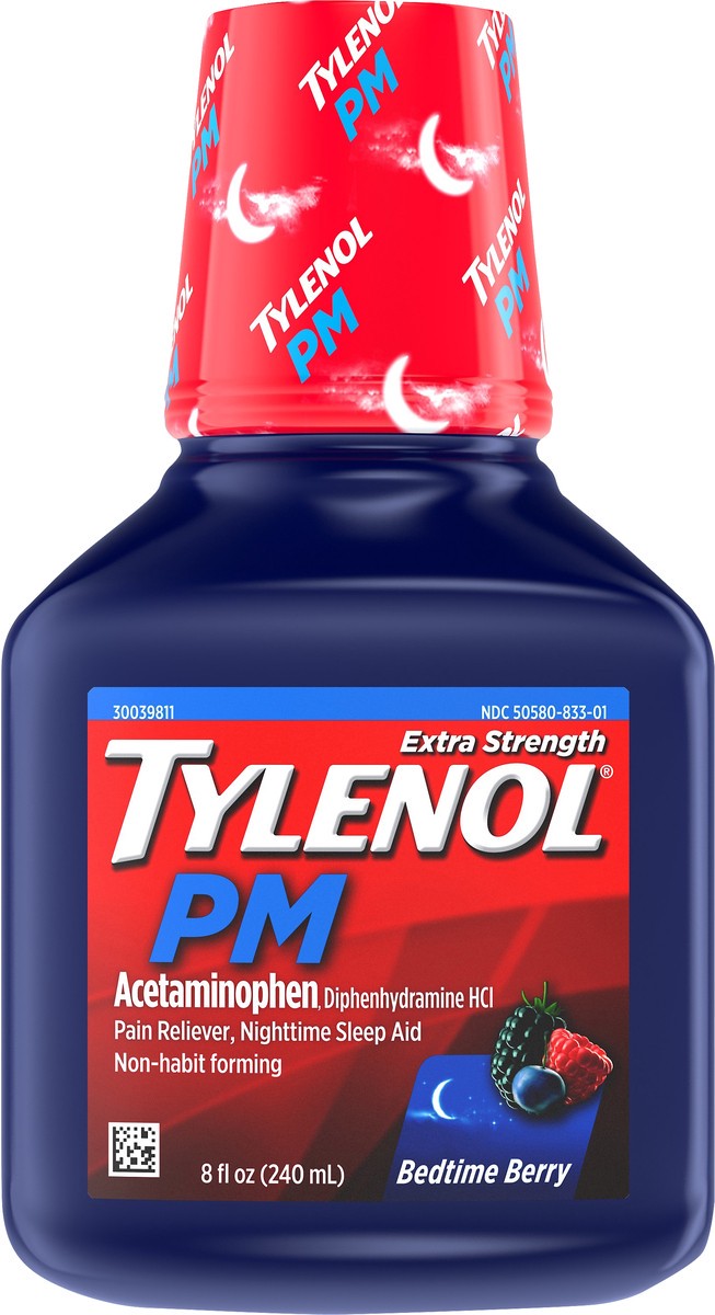 slide 4 of 7, Tylenol PM Extra Strength Liquid with Diphenhydramine HCl & Acetaminophen, Nighttime Sleep Aid & Pain Reliever, Non-Habit Forming, Bedtime Berry Flavor, 8 fl. Oz, 8 fl oz