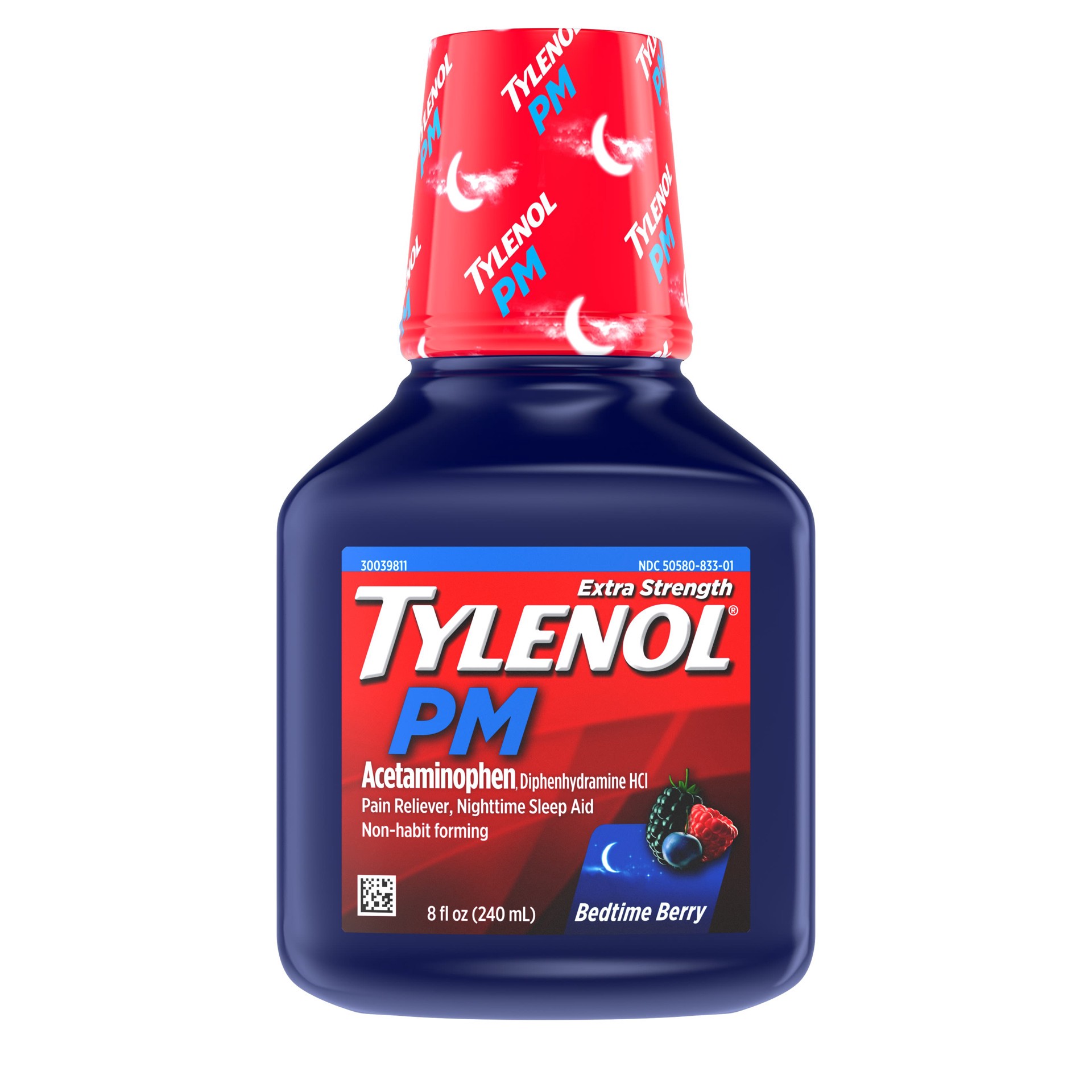 slide 1 of 7, Tylenol PM Extra Strength Liquid with Diphenhydramine HCl & Acetaminophen, Nighttime Sleep Aid & Pain Reliever, Non-Habit Forming, Bedtime Berry Flavor, 8 fl. Oz, 8 fl oz