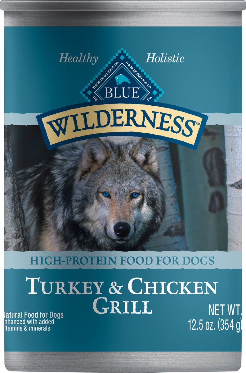 slide 2 of 6, Blue Buffalo Wilderness High Protein Grain Free, Natural Adult Wet Dog Food, Turkey & Chicken Grill 12.5-Oz Can, 12.5 oz