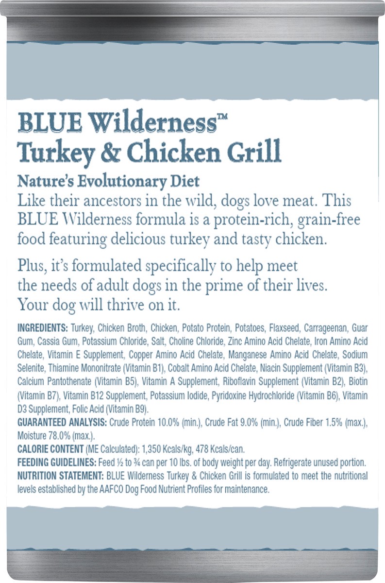 slide 4 of 6, Blue Buffalo Wilderness High Protein Grain Free, Natural Adult Wet Dog Food, Turkey & Chicken Grill 12.5-Oz Can, 12.5 oz