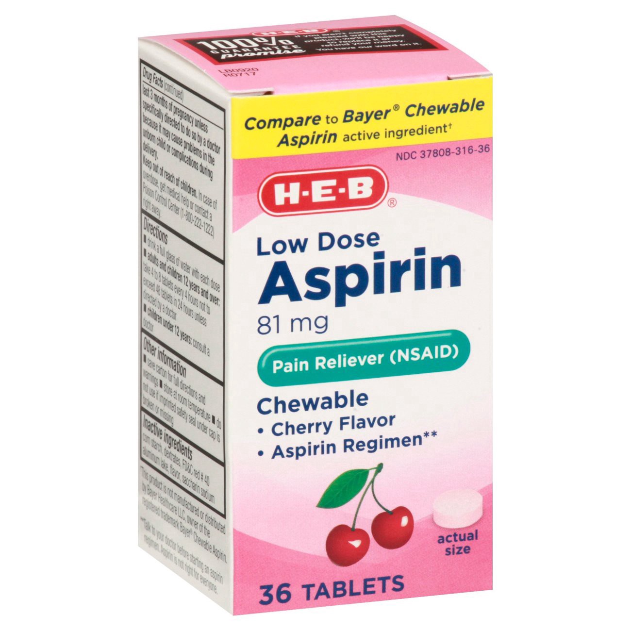 slide 1 of 1, H-E-B Low Dose Aspirin Cherry Chewable Tablets, 36 ct