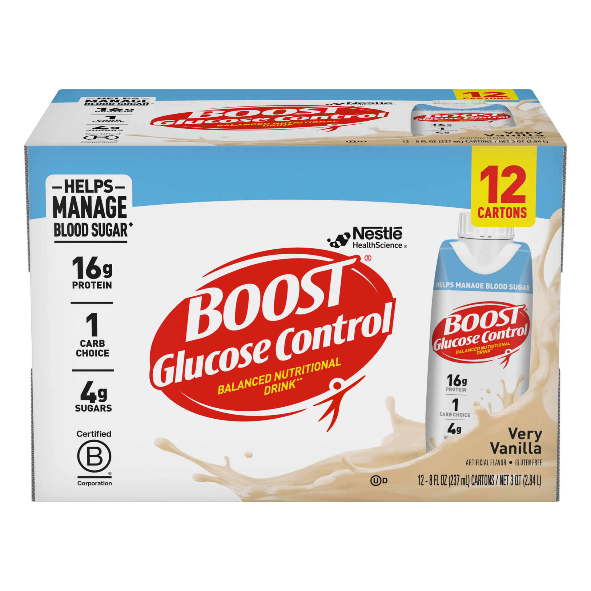 slide 1 of 1, Boost Glucose Control Nutritional Drink, Very Vanilla, 16g Protein, 12 - 8 fl oz Cartons, 8 fl oz