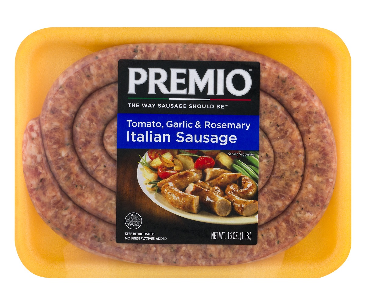 slide 1 of 1, Premio Tomato, Garlic, Rosemary Italian Sausage, 16 oz