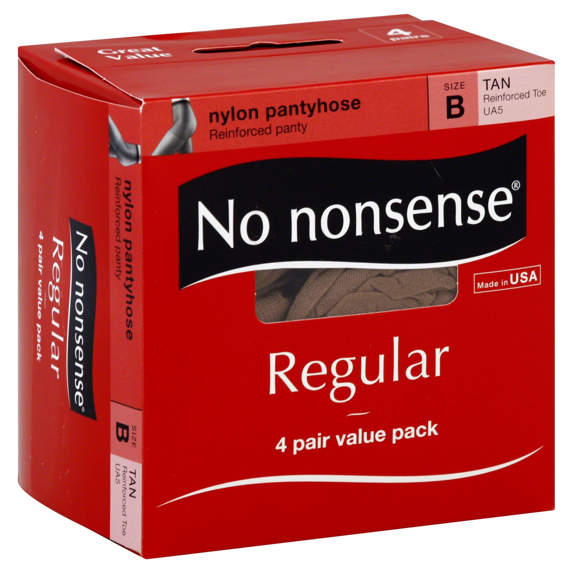 slide 1 of 4, No Nonsense Regular Tan Reinforced Toe Nylon Pantyhose, 4 ct