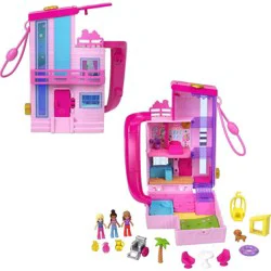 Polly Pocket Barbie Dreamhouse Compact, Dollhouse Playset with 3 Micro Dolls, 1 Pet & 11 Accessories