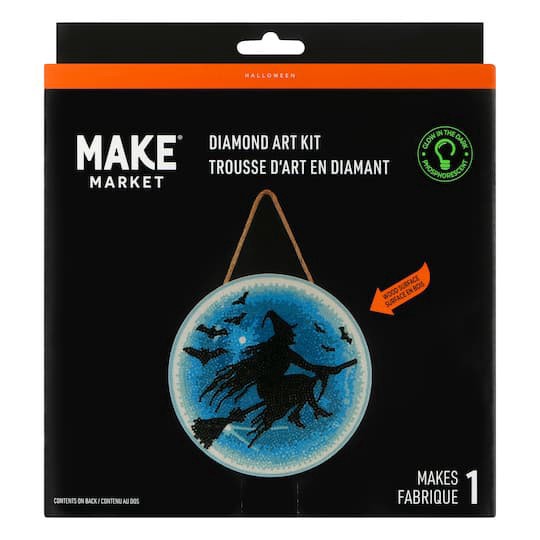 slide 1 of 4, 8" Glow-In-The-Dark Witch On Broom Stick Round Wood Plaque Diamond Art Kit By Make Market, 8 in