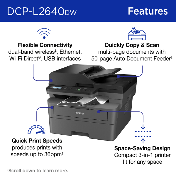 slide 5 of 8, Brother Dcp-L2640Dw Compact Wireless Laser Monochrome Multi-Function Printer, 1 ct