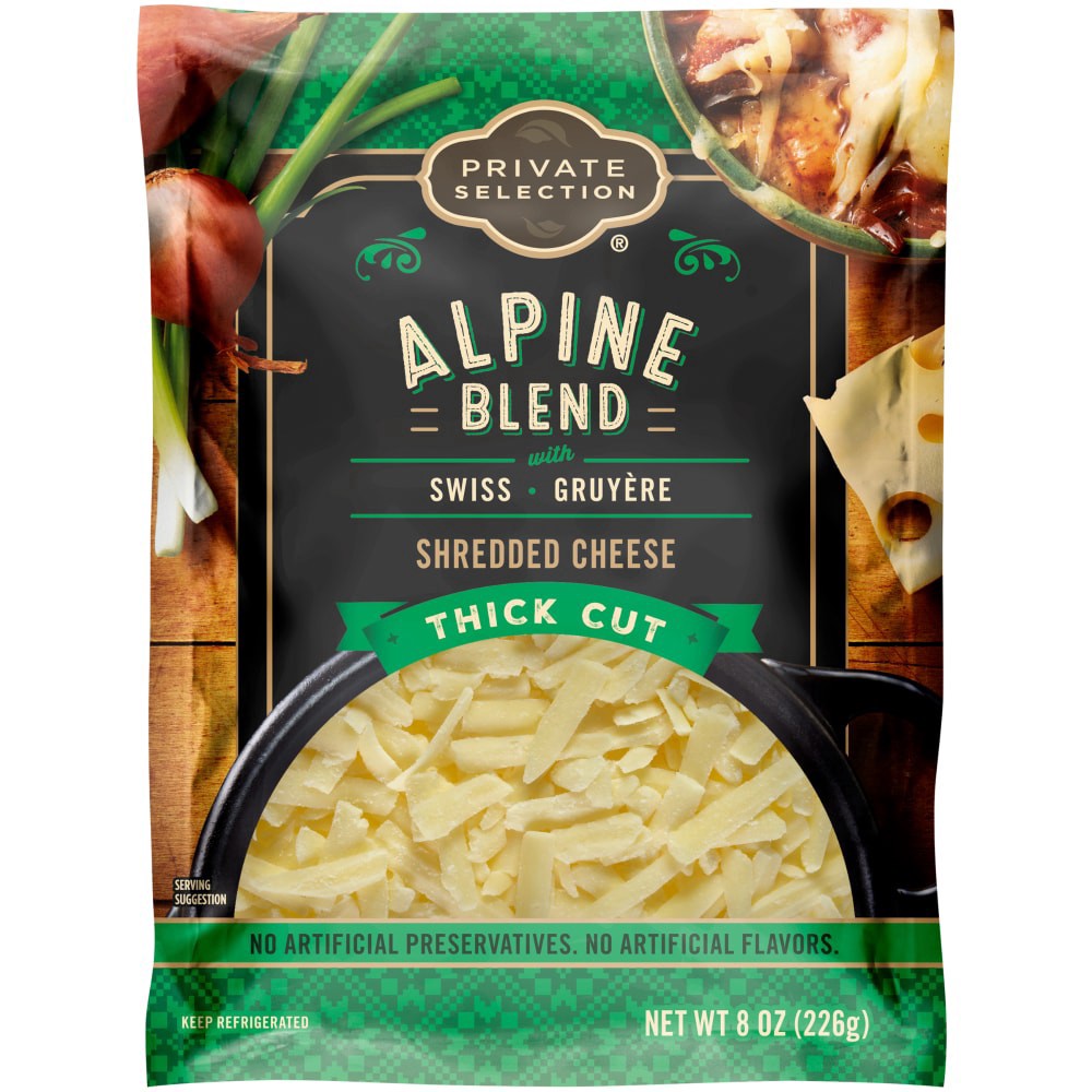 slide 1 of 2, Private Selection Alpine Blend Swiss & Gruyere Thick Cut Shredded Cheese, 8 oz