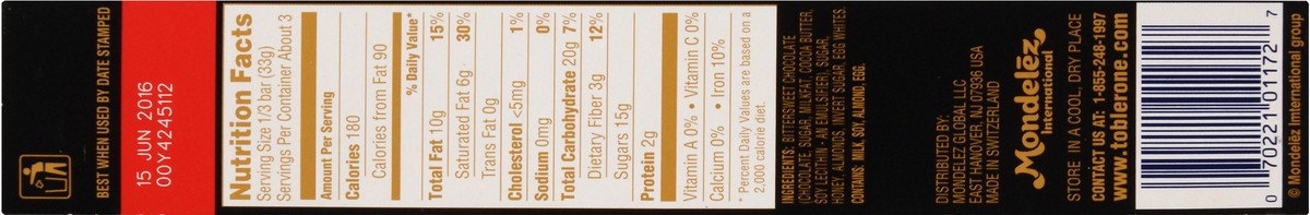 slide 4 of 9, Toblerone Dark Chocolate Bar with Honey and Almond Nougat, 3.52 oz, 3.53 oz