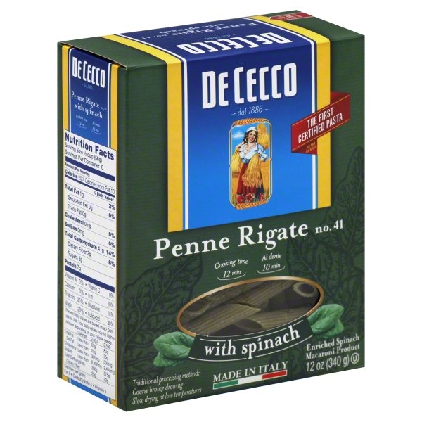 slide 1 of 1, De Cecco Penne Rigate with Spinach, 12 oz