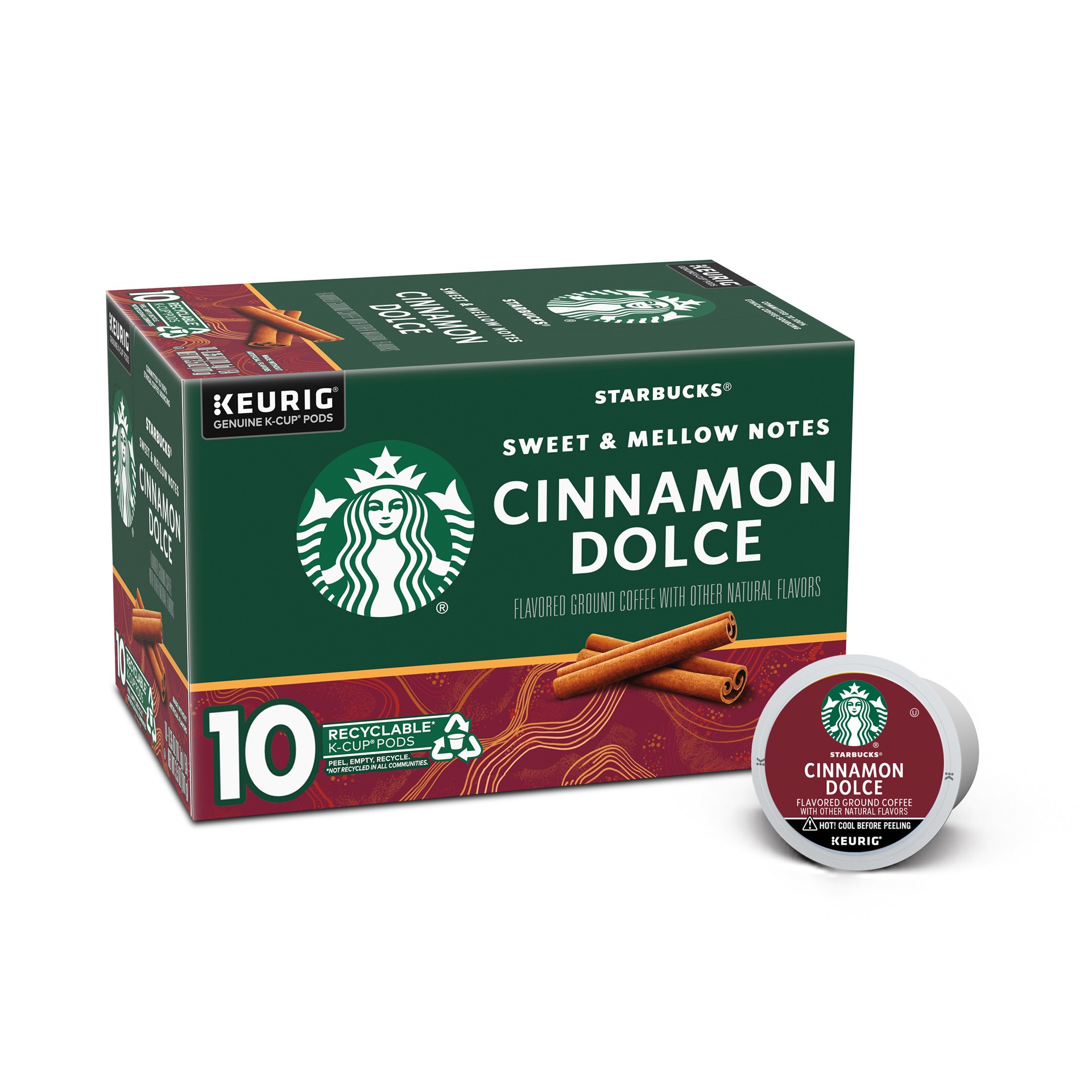 slide 1 of 8, Starbucks K-Cup Coffee Pods—Cinnamon Dolce Flavored Coffee—Naturally Flavored—100% Arabica—1 box (10 pods), 10 ct