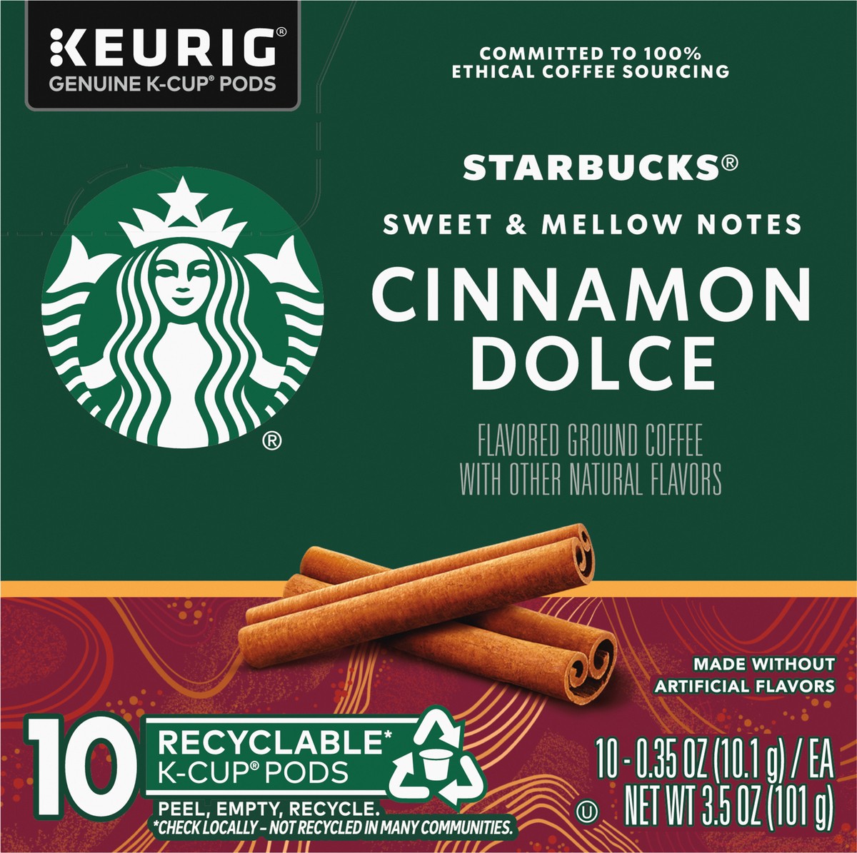 slide 6 of 8, Starbucks K-Cup Coffee Pods—Cinnamon Dolce Flavored Coffee—Naturally Flavored—100% Arabica—1 box (10 pods), 10 ct