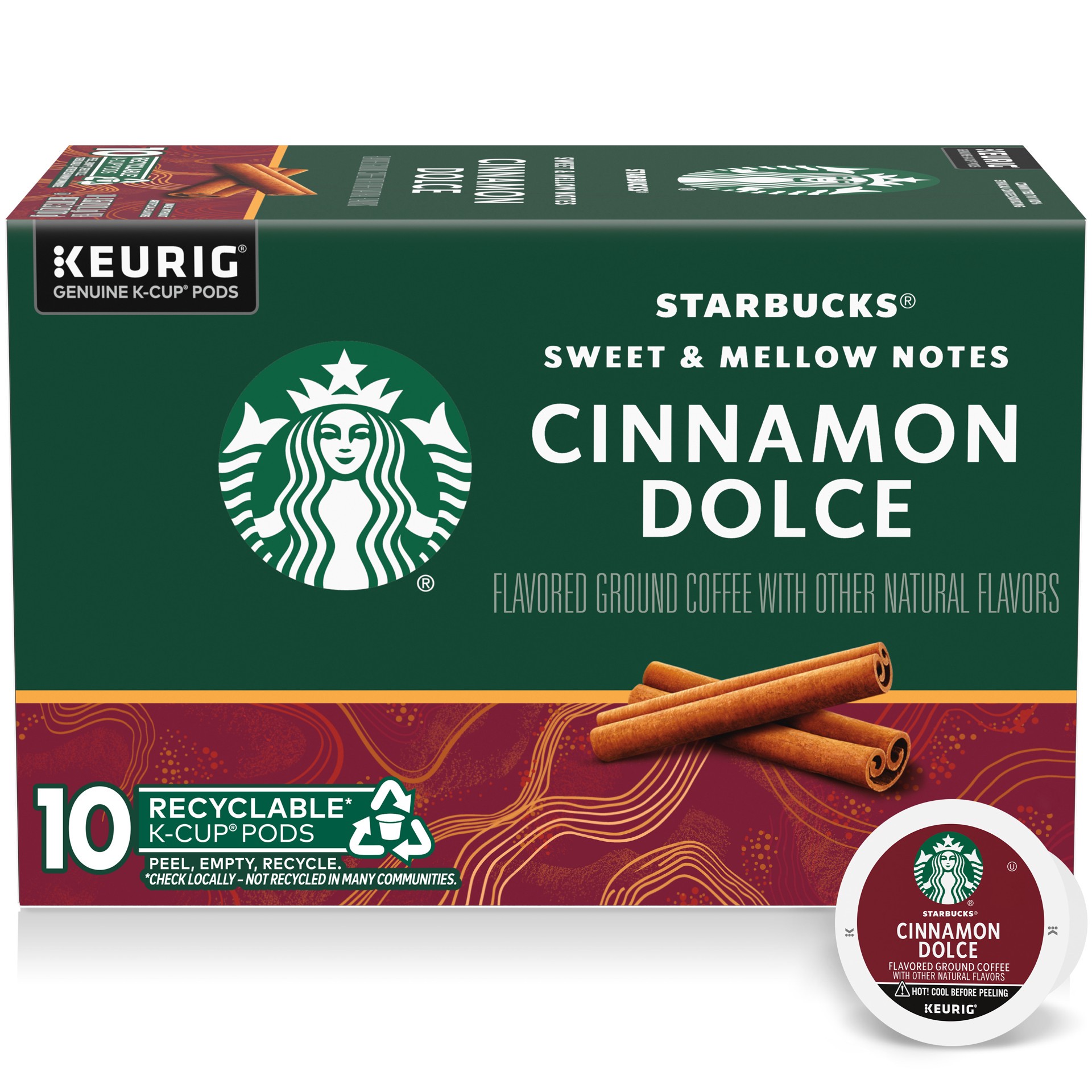 slide 1 of 8, Starbucks K-Cup Coffee Pods, Cinnamon Dolce Flavored Coffee, Naturally Flavored, 100% Arabica, 1 box (10 pods), 3.5 oz