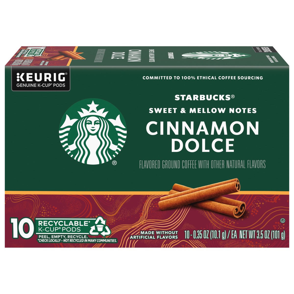slide 1 of 8, Starbucks K-Cup Coffee Pods, Cinnamon Dolce Flavored Coffee, Naturally Flavored, 100% Arabica, 1 box (10 pods), 3.5 oz