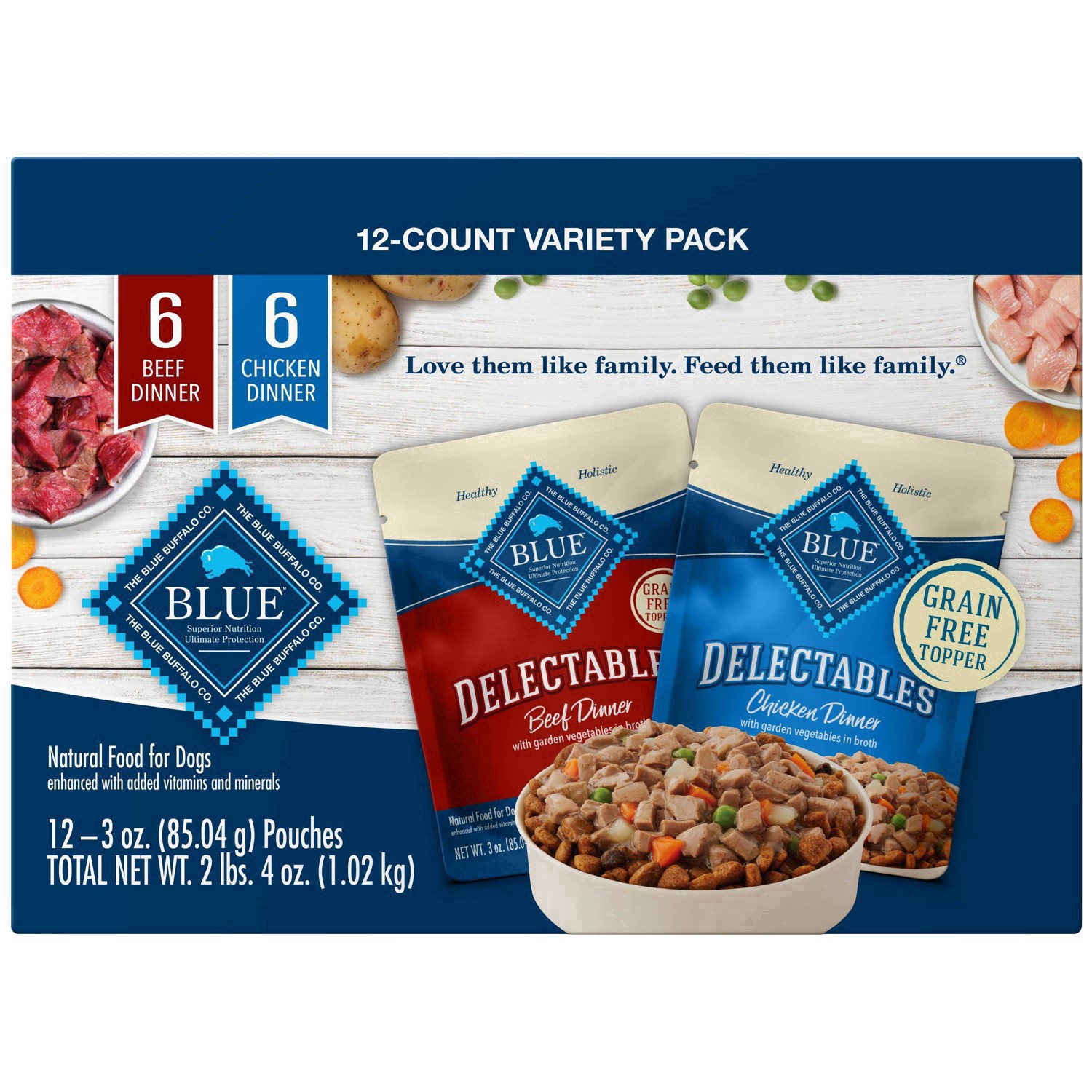 slide 2 of 25, Blue Buffalo Delectables Grain Free Natural Wet Dog Food Topper Variety Pack, Chicken Dinner & Beef Dinner 3-oz (12 Pack - 6 of Each Flavor), 12 ct