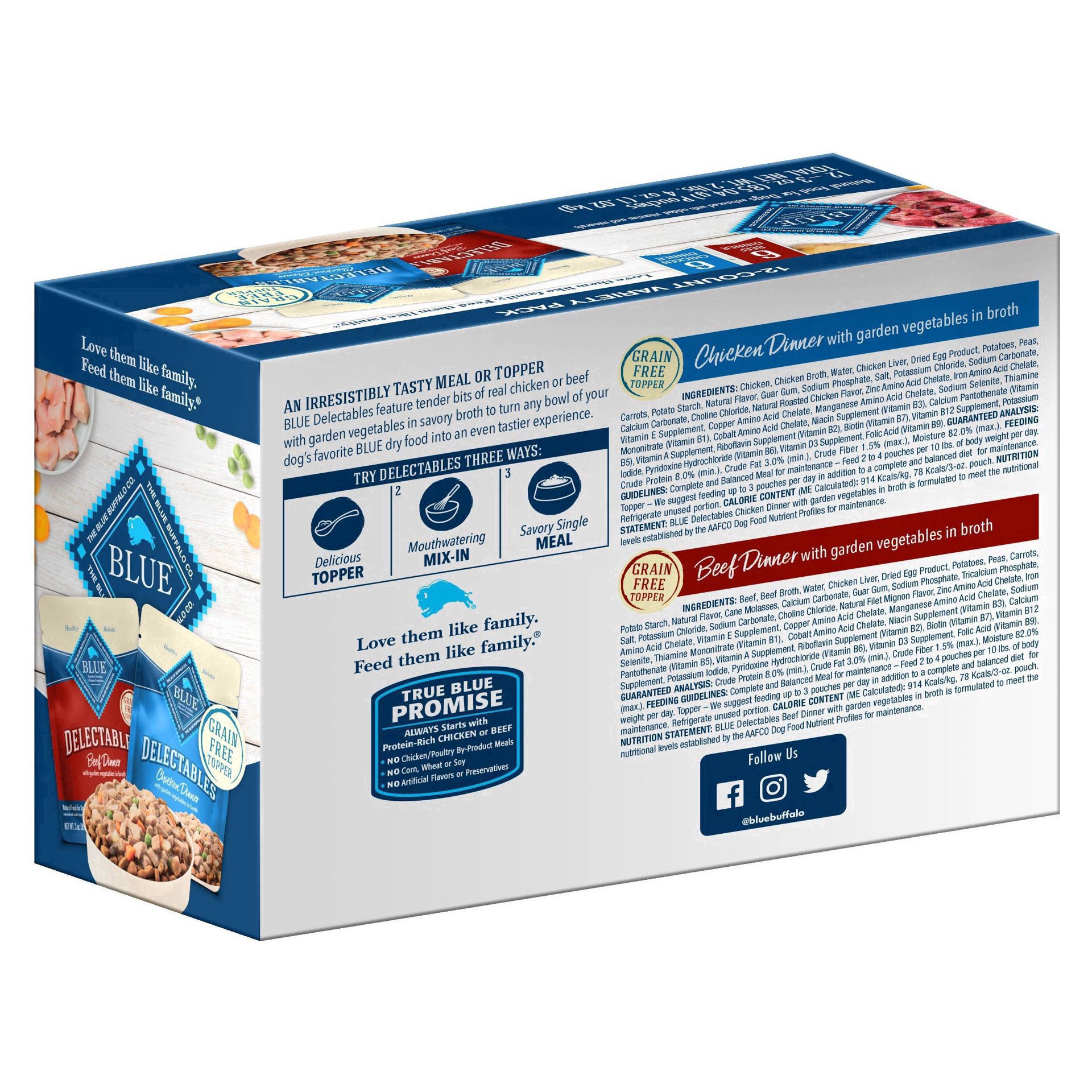 slide 3 of 25, Blue Buffalo Delectables Grain Free Natural Wet Dog Food Topper Variety Pack, Chicken Dinner & Beef Dinner 3-oz (12 Pack - 6 of Each Flavor), 12 ct