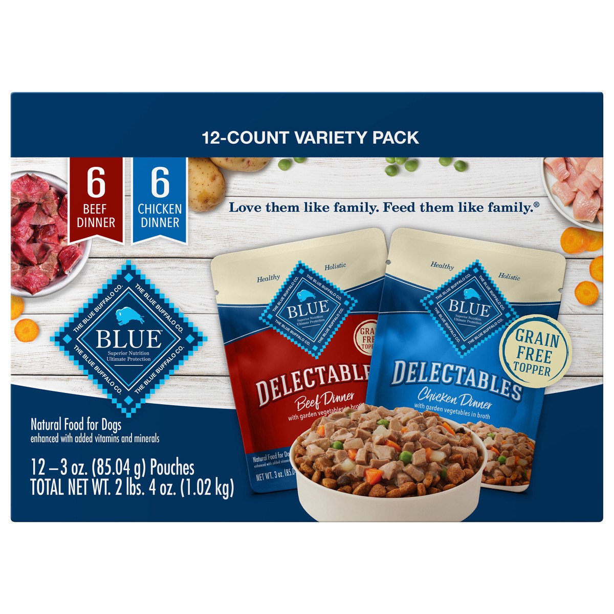 slide 1 of 25, Blue Buffalo Delectables Grain Free Natural Wet Dog Food Topper Variety Pack, Chicken Dinner & Beef Dinner 3-oz (12 Pack - 6 of Each Flavor), 12 ct