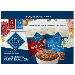 Blue Buffalo Delectables Grain Free Natural Wet Dog Food Topper Variety Pack, Chicken Dinner & Beef Dinner 3-oz (12 Pack - 6 of Each Flavor)