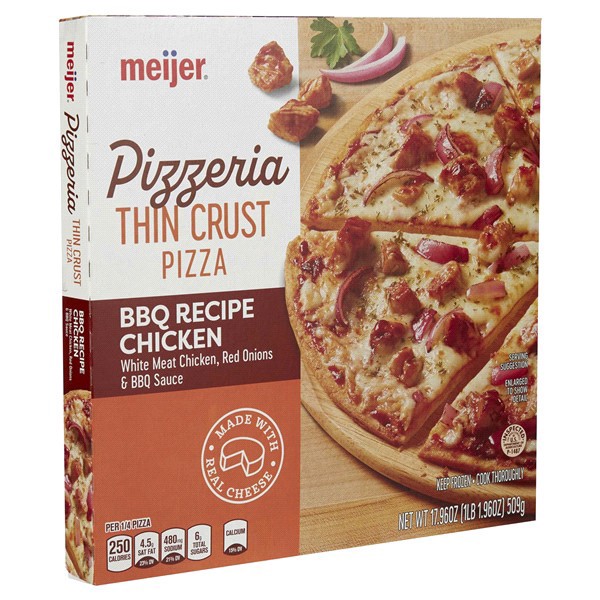 slide 4 of 29, Meijer Pizzeria Thin Crust BBQ Recipe Chicken Pizza, 17.96 oz