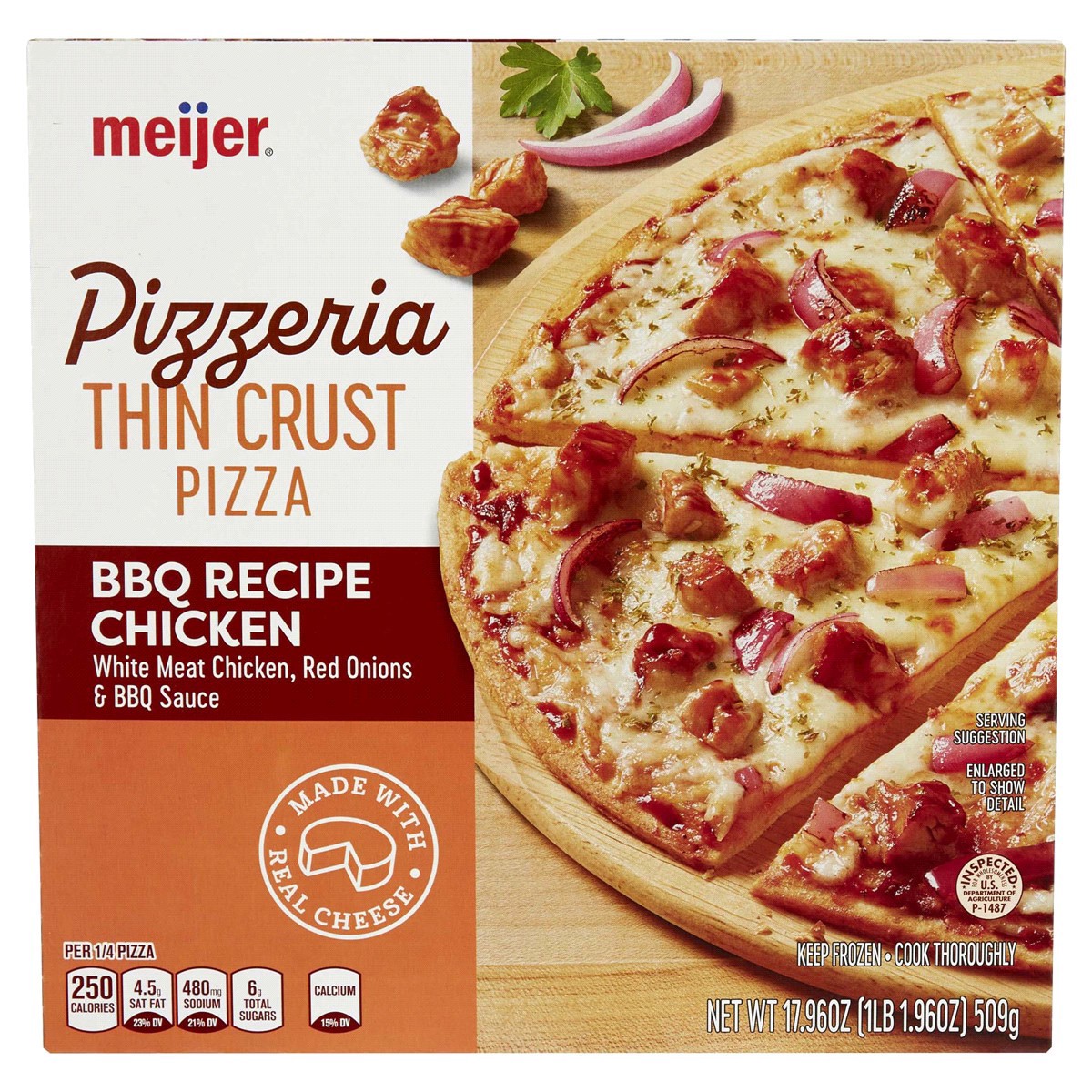 slide 1 of 29, Meijer Pizzeria Thin Crust BBQ Recipe Chicken Pizza, 17.96 oz