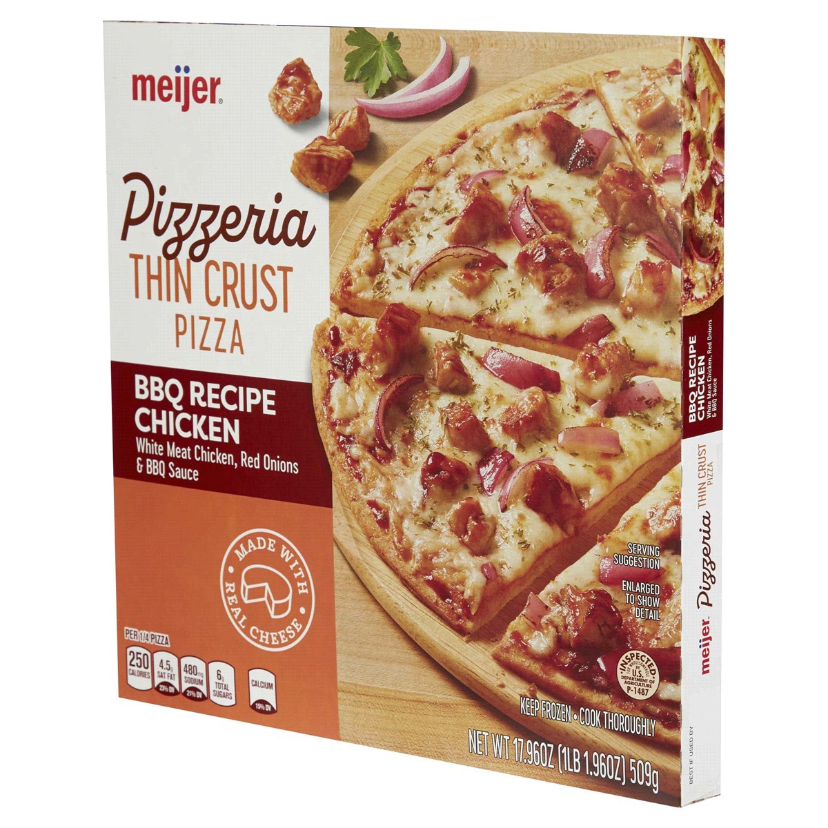 slide 9 of 29, Meijer Pizzeria Thin Crust BBQ Recipe Chicken Pizza, 17.96 oz