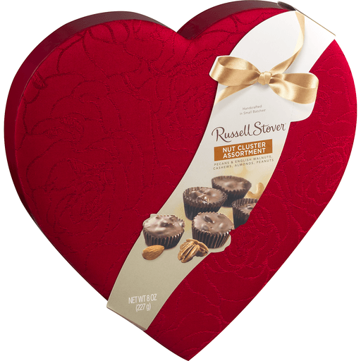 slide 3 of 9, RUSSELL STOVER Valentine's Day Milk Chocolate Covered Nuts Fabric Heart Gift Box, 8 oz. (17 pieces), 8 oz