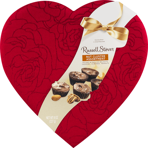 slide 4 of 9, Russell Stover Valentine Fabric Heart Nut Cluster Assorted Chocolates, 8 oz