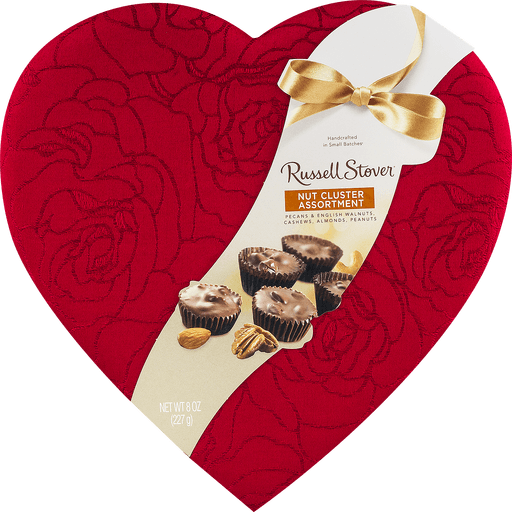 slide 4 of 9, RUSSELL STOVER Valentine's Day Milk Chocolate Covered Nuts Fabric Heart Gift Box, 8 oz. (17 pieces), 8 oz