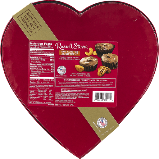 slide 8 of 9, RUSSELL STOVER Valentine's Day Milk Chocolate Covered Nuts Fabric Heart Gift Box, 8 oz. (17 pieces), 8 oz