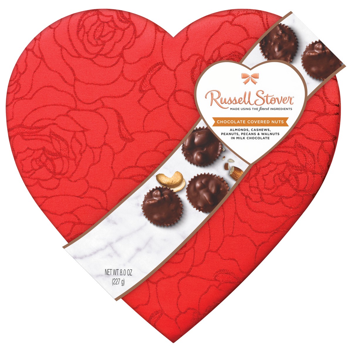 slide 1 of 9, RUSSELL STOVER Valentine's Day Milk Chocolate Covered Nuts Fabric Heart Gift Box, 8 oz. (17 pieces), 8 oz