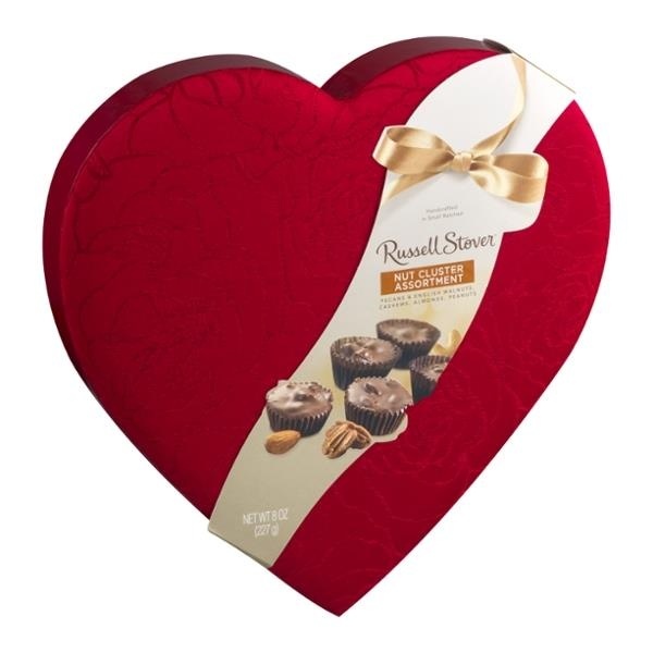 slide 1 of 9, Russell Stover Valentine Fabric Heart Nut Cluster Assorted Chocolates, 8 oz