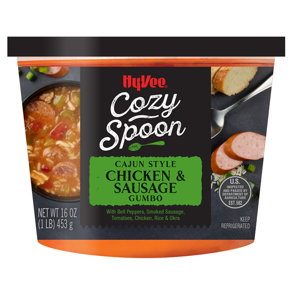 slide 1 of 1, Hy-vee Cajun Style Chicken & Sausage Gumbo Soup, 16 oz