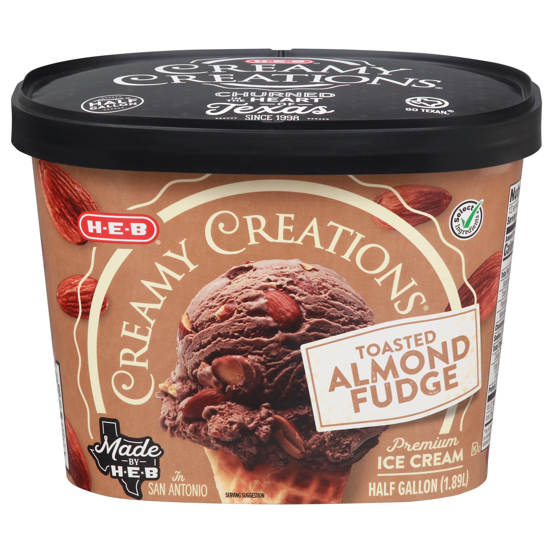 slide 1 of 1, H-E-B Creamy Creations Toasted Almond Fudge Ice Cream, 64 fl oz