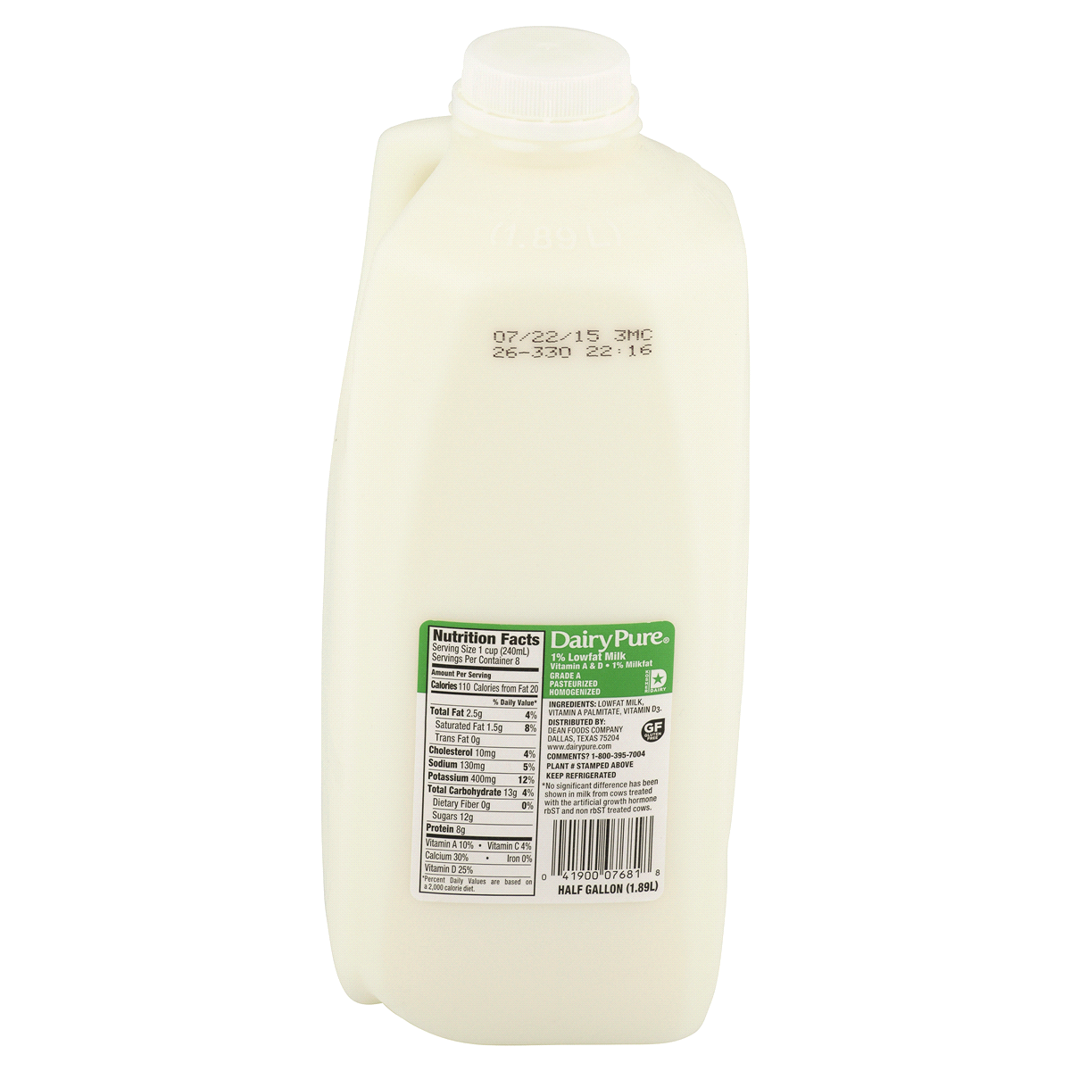 slide 2 of 2, Dairy Pure 1% Low-Fat Milk, 1/2 gal