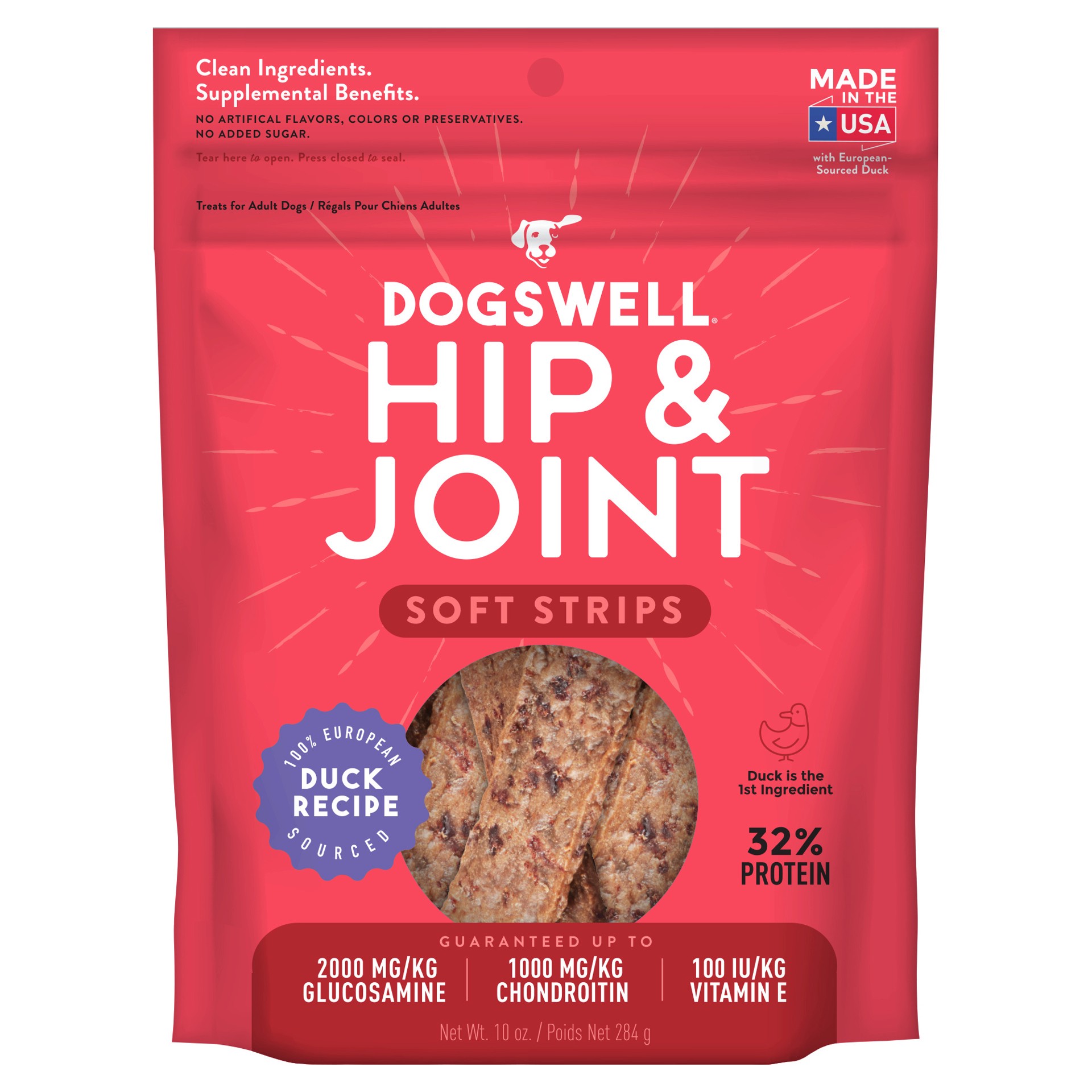 slide 1 of 7, Dogswell Hip & Joint Soft Strips Grain-Free Duck Recipe for Dogs, 10 oz