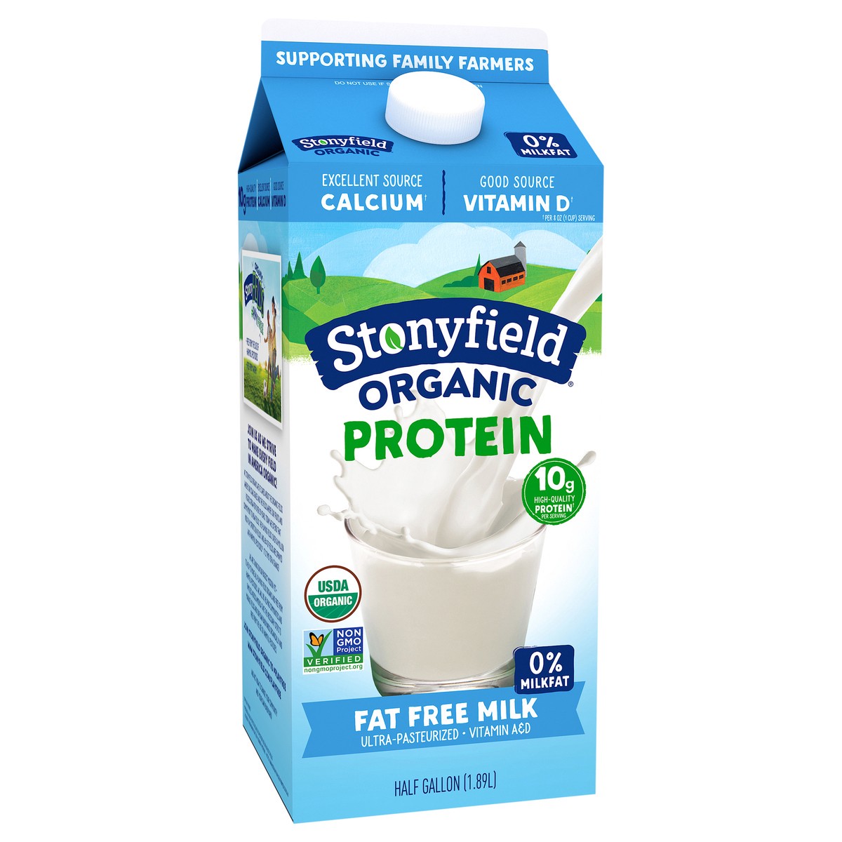 slide 5 of 9, Stonyfield Organic Protein Fat Free Milk 0.5 gl, 1/2 gal