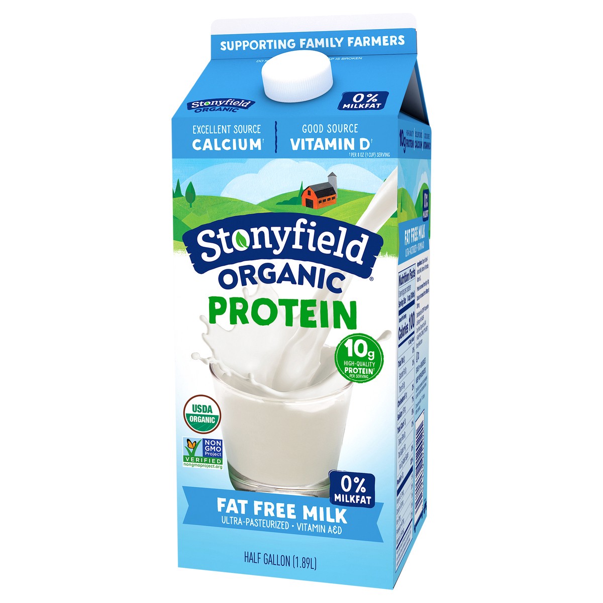 slide 9 of 9, Stonyfield Organic Protein Fat Free Milk 0.5 gl, 1/2 gal