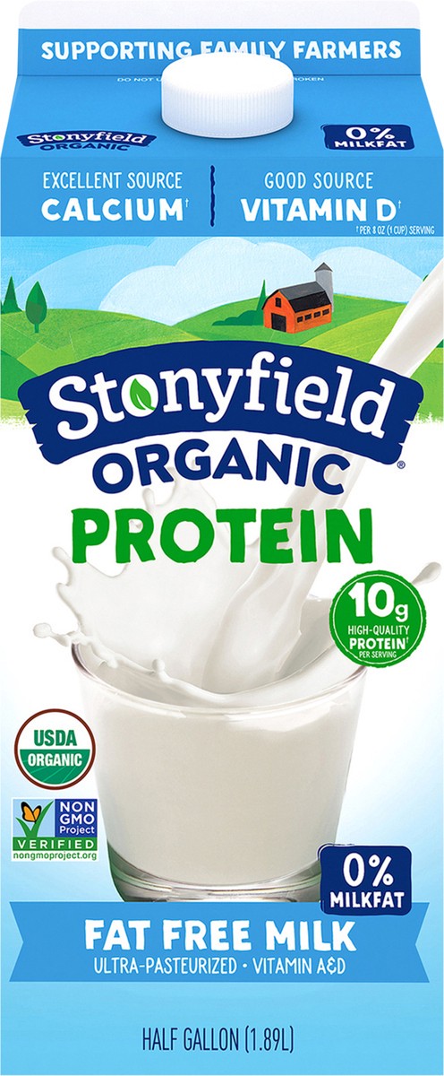 slide 2 of 9, Stonyfield Organic Protein Fat Free Milk 0.5 gl, 1/2 gal