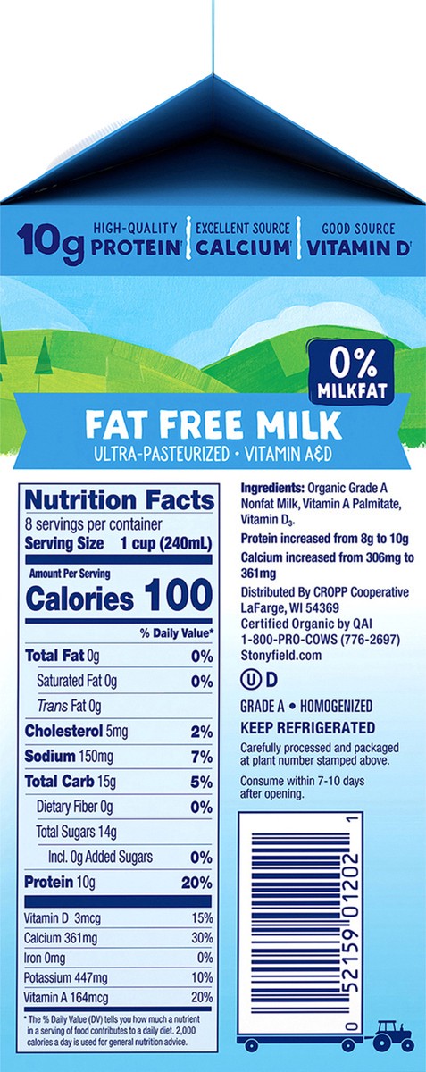 slide 3 of 9, Stonyfield Organic Protein Fat Free Milk 0.5 gl, 1/2 gal