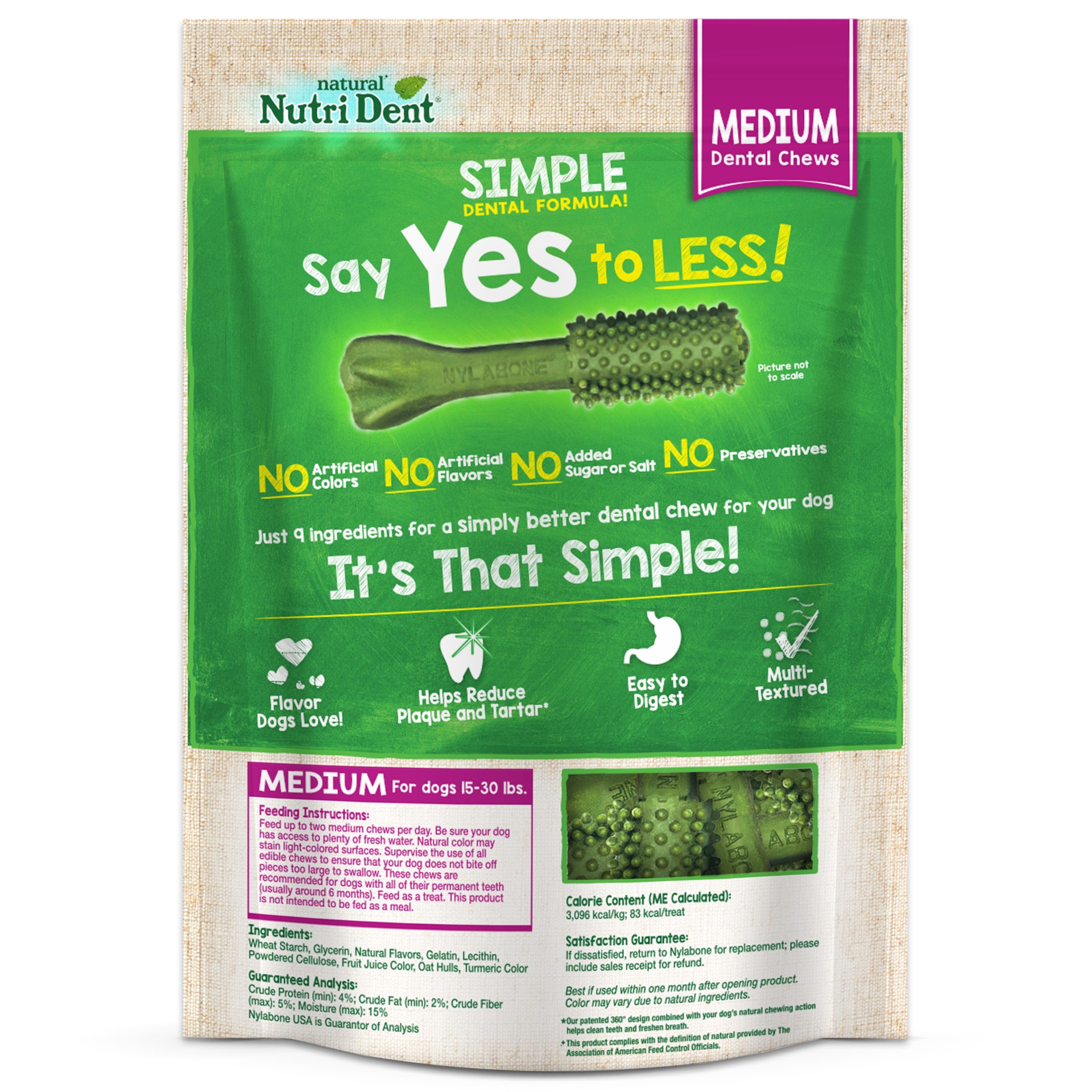 slide 4 of 10, Nylabone Nutri Dent SIMPLE Fresh Breath Flavored Natural Dog Chew Treats Medium - 15 lbs. to 30 lbs.(8 Count), 1 ct
