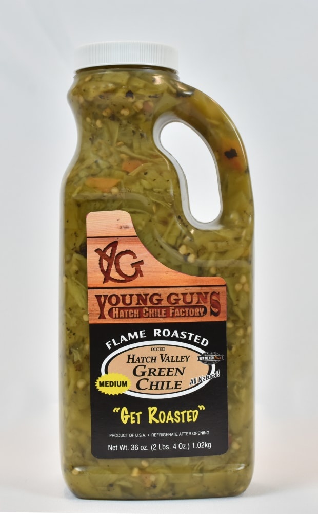 slide 1 of 1, Young Guns Hatch Chile Factory Flame Roasted Medium Diced Green Chile Peppers, 36 oz