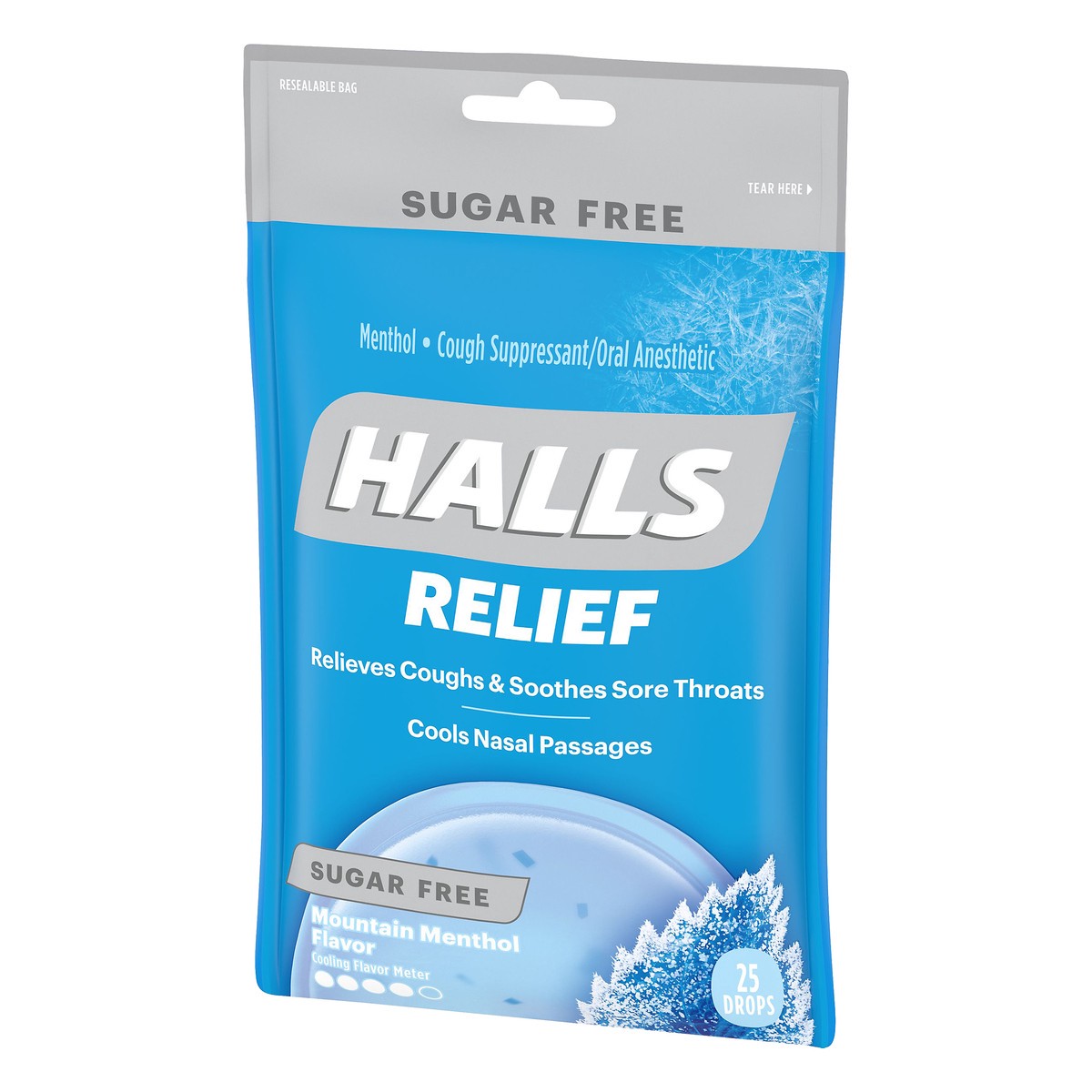 slide 8 of 8, HALLS Relief Mountain Menthol Sugar Free Cough Drops, 1 Bag (25 Total Drops), 0.17 lb