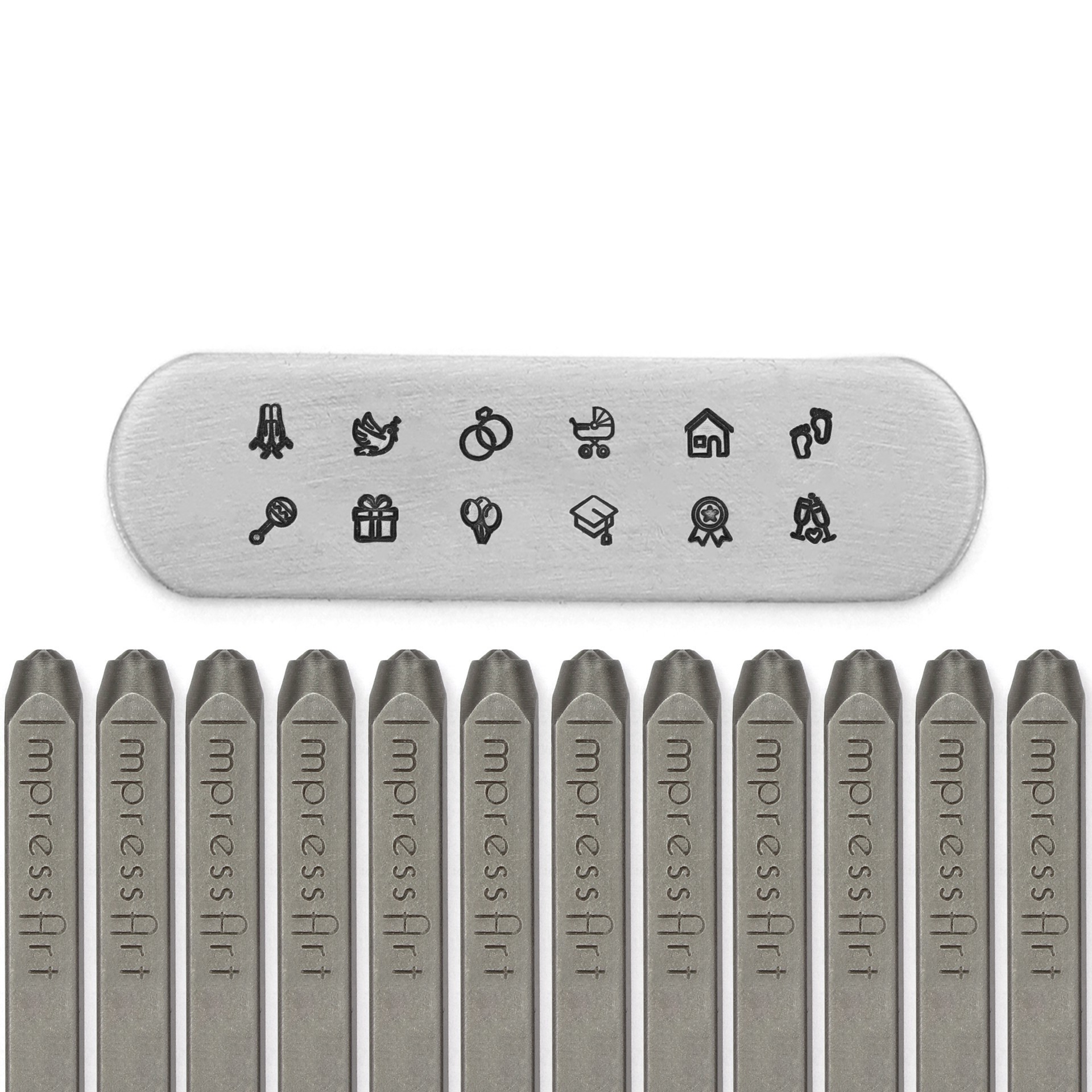 slide 5 of 5, Impressart 4mm Celebration Metal Stamps Pack, 4 mm