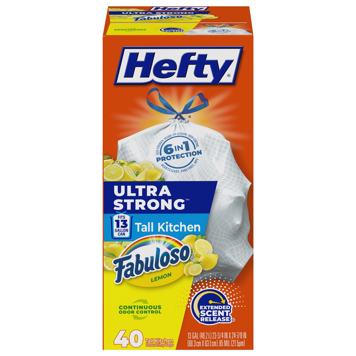 slide 1 of 9, Hefty Ultra Strong 13 Gallon Fabuloso Lemon Tall Kitchen Drawstring Bags 40 Bags, 40 ct